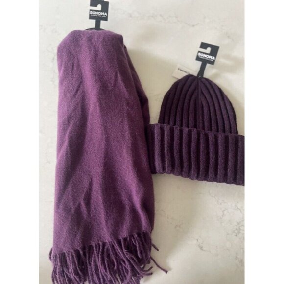 SONOMA GOODS FOR LIFE‎ Ribbed Beanie Hat & Oblong Scarf Set Wine Purple Cozy NWT - Picture 1 of 3